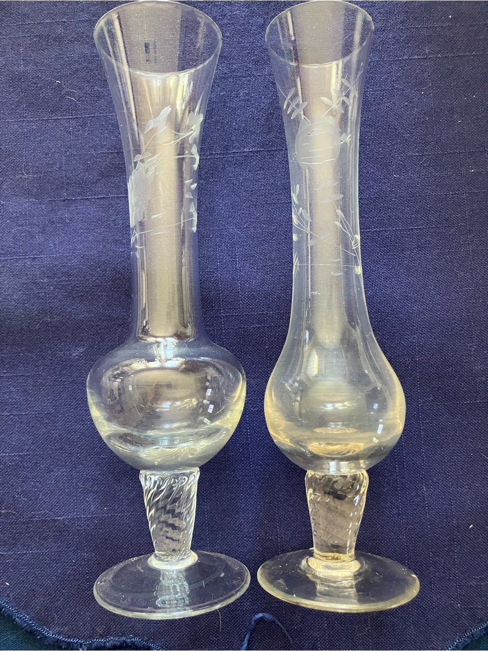 Pair of Dainty Etched Glass Bud Vases